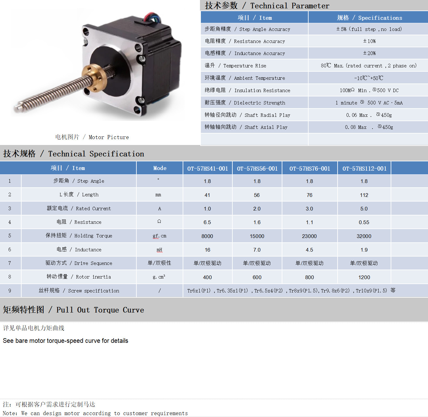 57系列丝杆电机技术参数